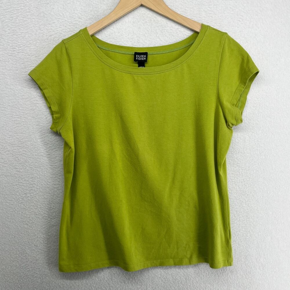 EILEEN FISHER Top L Stretch Organic Cotton Scoop Neck Cap Sleeve Green USA - Picture 1 of 9